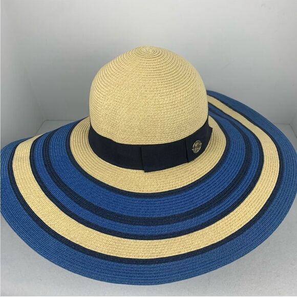 Draper James Create & Barrel Wide Brim Blue Beige Stripe Sun Hat NWT - Picture 1 of 9